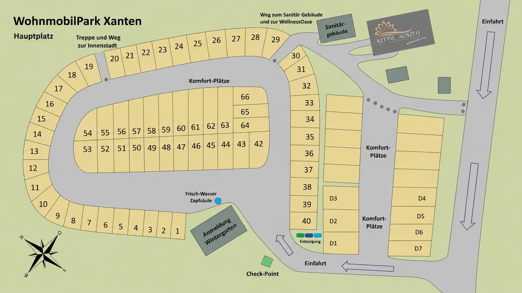 Übersichtskarte des Wohnmobilparks Xanten mit allen Stellplätzen